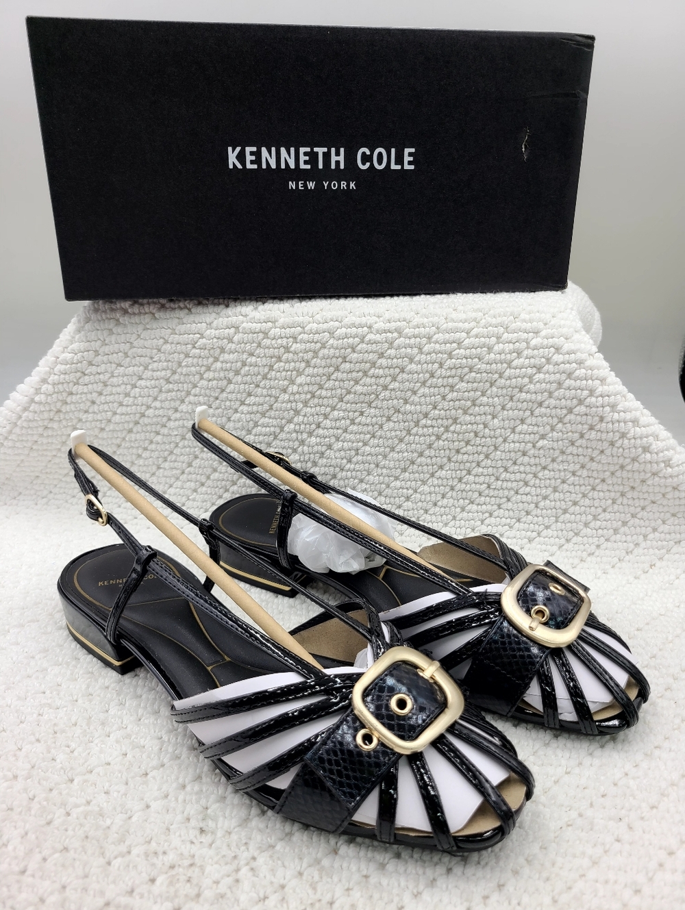 Kenneth Cole Black and White Slingback Low Heel Sandals